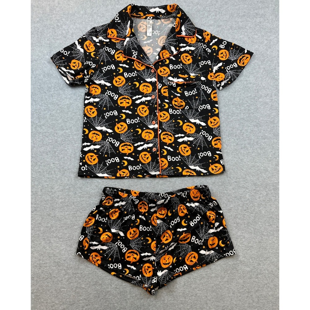 Halloween Pajama Set Small Black Orange Pumpkin Bat Boo Short Sleeve Shorts PJs